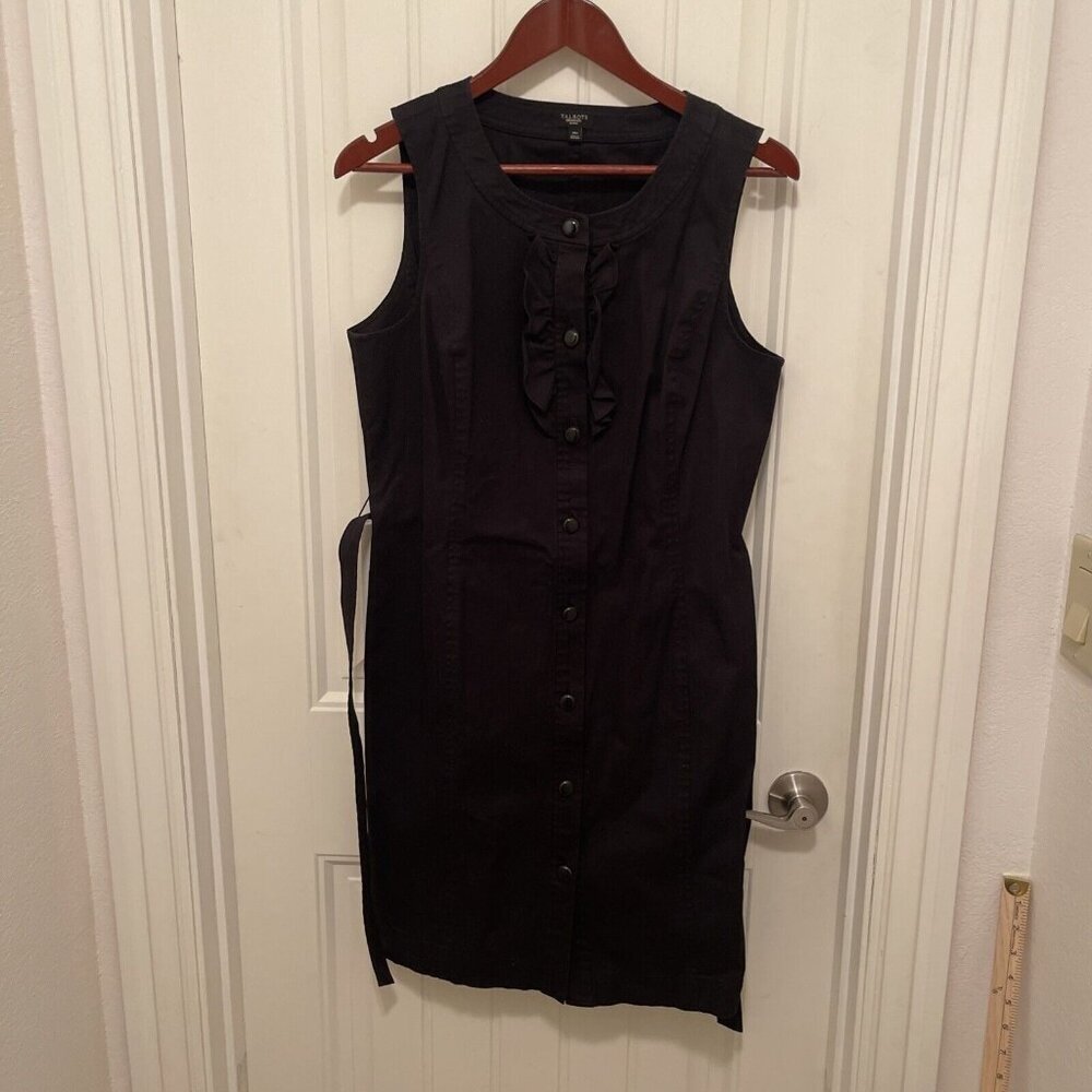 Talbots Ruffle Front Button Down Sheath Dress Women’s Sz 14P Black Cotton Career